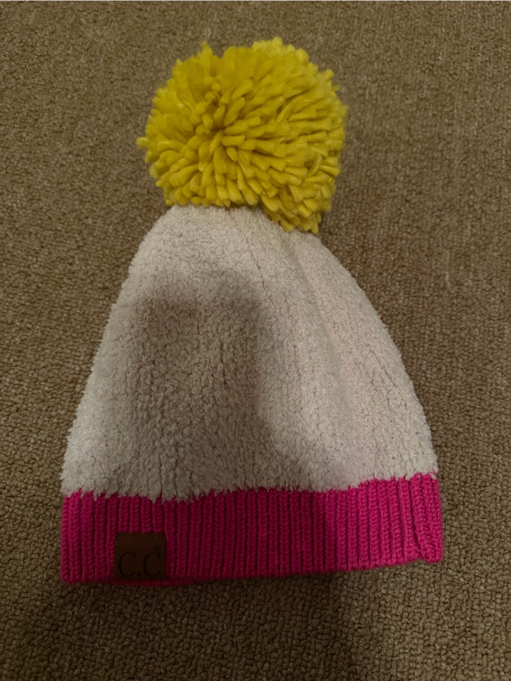 C.C Sherpa Pom Beanie - White with Pink Trim and Yellow Pom